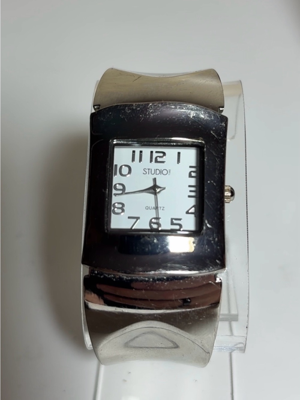 Studio Silver Tone Wide Cuff Watch with White Dial